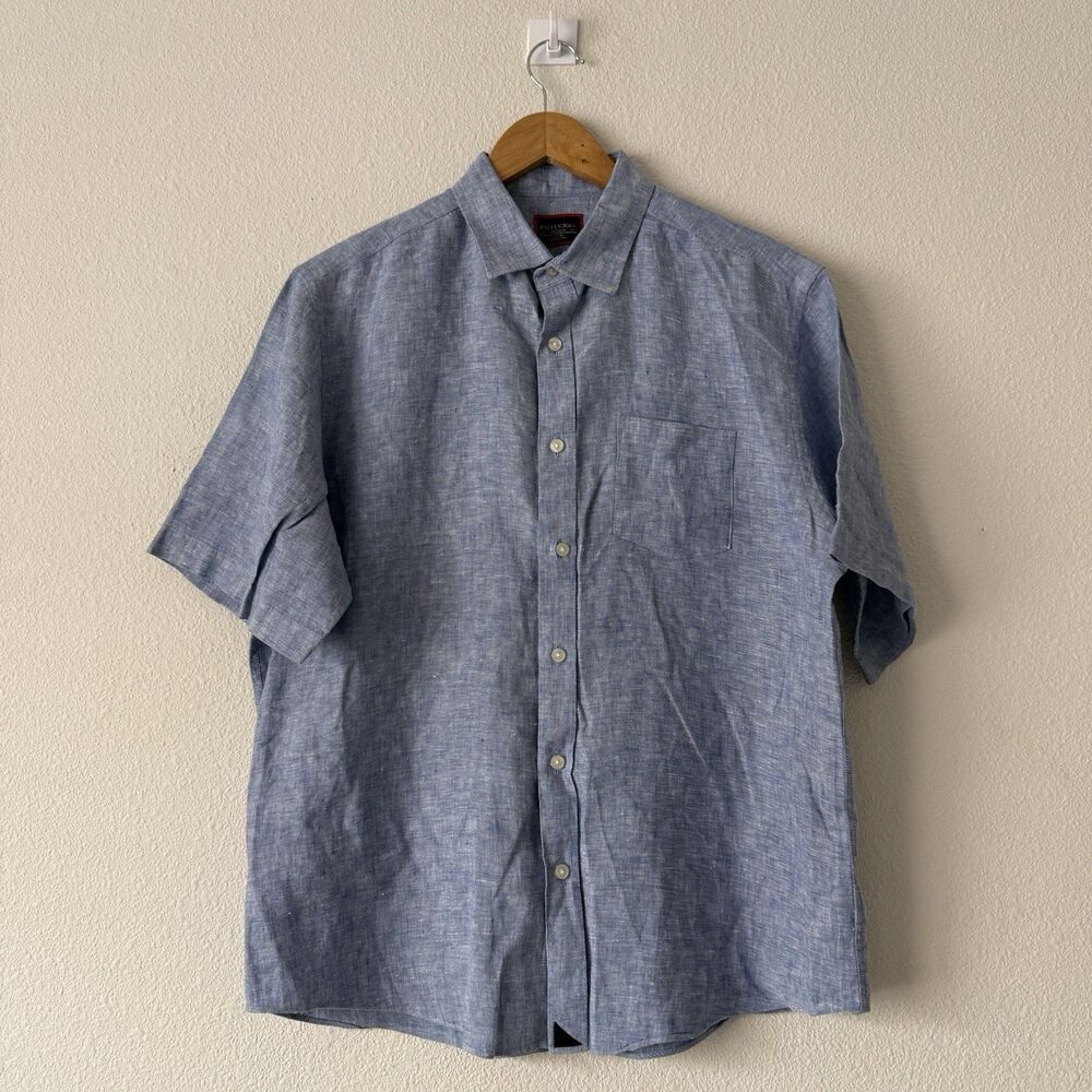 UNTUCKit Linen Cameron Chambray Shirt Mens M Blue Short Sleeve Button Up Preppy